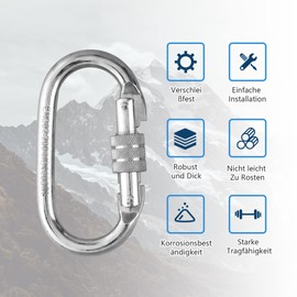 EMEKIAN Oval Carabiner for Indoor and Outdoor Use, Heavy Duty Screw Carabiner with Screw Cap, 25 KN (2500 kg) for Hammock, Rope, Hiking, Camping (Oval, Pack of 2)