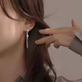 Liaya Chain Earrings for Women Teen Girls, 14K Gold Small Flower, Cross, Black Bar Dangle Chain Huggie Hoop Hypoallergenic Earrings Jewelry Gifts