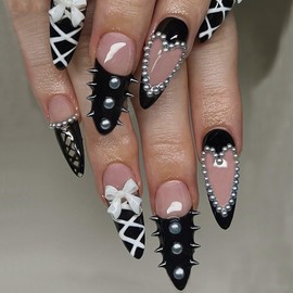 24pcs Press On Nails Almond With 3D Bow Pearl Rhinestone Design Black Medium French Tip Fake Nails Love Line Design Full Coverage Acrylic False Nails for Women DIY Cool Style Manicure Decoration