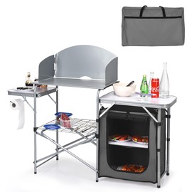 KOTEK Camping Kitchen Table, Folding Camp Table with Detachable Windscreen, Storage Organizer & Carrying Bag, Portable Outdoor Cooking Station for BBQ, Party, Picnic, RV Traveling (Grey)