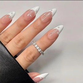 French Tip Press On Nails, Almond shape, 24 pieces - Reusable and Durable