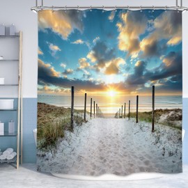 Riyidecor Extra Long Ocean Beach Shower Curtain 72W x 84H Sunset Scenic Blue Sky Seaside Landscape Sand Decor Fabric Bathroom Clawfoot Tub 12 Pack Plastic Shower Hooks
