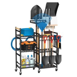 NADAMOO Garden Tool Organizer with Rolling Wheel, 3-tier Metal Shelf Yard Tool Holder, Utility Stand Rack for Garage Organization and Storage, Hold Long-Handled Rakes, Shovel, Broom