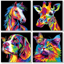 Lxmsja Set of 4 Paint by Numbers for Adults, Children with Frame, Painting by Numbers Animaux Colorés, DIY Set Adults with Brushes and Acrylic Paints, Hand-Painted Oil Painting Canvas for Home Decor,