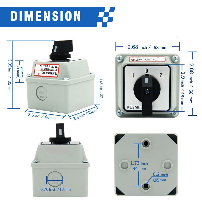 KEYMOO 20A Rotary Changeover Switch, 3 Position 2 Phase 8