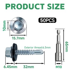 6.3x32 mm Self-Drilling Roofing Screws, 50 pcs Hex Head Self Tapping Screws, Hex Head Self-Drilling Roof Screws with Rubber Sealing Washer. with Hex Socket, Zinc Plat.