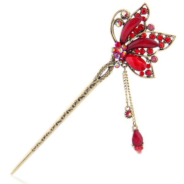 YOY Fashion Long Hair Decor Chinese Traditional Style Women Girls Hair Stick Hairpin Hair Making Accessory with Butterfly,Red