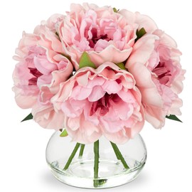 Hollyone Light Pink Peonies Artificial Flowers with Vase Faux Flowers Peony Fake Flowers Silk Flower Arrangements in Glass Vase with Faux Water for Bathroom Table Centerpiece Shelf Home Decor