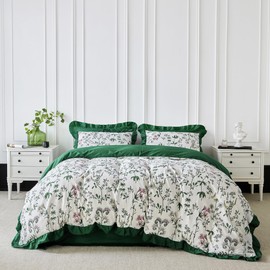 YuHeGuoJi Green Ruffled Duvet Cover King Size 100% Cotton 3 Pcs Set 1 Aesthetic White Botanical Duvet Cover with Zipper Ties 2 Pillow Shams Decorative Garden Colorful Floral Bedding Set Soft