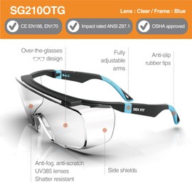 DEX FIT Safety Goggles SG210 OTG Clear Vision Anti-Fog Lens Heavy Duty Adjustable Non-Slip Temples UV Protection