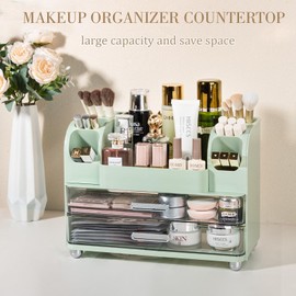 Countertop Makeup Organizer with Drawer Large Vanity Organizer Skin Care Storage Cosmetic Display Cases Perfume Organizer for Brush, Lipsitck, Palettes, Green