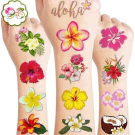 MeoIsDaBest 100 Piezas De Tatuajes Temporales Hawaianos De Flores Tropicales, Decoraciones Temáticas Para Fiestas De Cumpleaños, Suministros Para Decoración, Lindo Hibisco, Plumeria, Hawaii, Luau, Peg