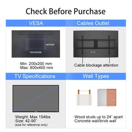 Suptek Tilt TV Wall Mount Bracket for Most 42-90 inch TV, Universal Mount with Max 800x400mm VESA and 154lbs Loading Capacity, Fits Studs 24" Apart, Low Profile with Bubble Level (MT5084)