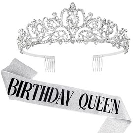 DRESHOW Birthday Crown and Sash for Women Birthday Queen Sash & Rhinestone Tiara Set Birthday Tiaras and Sashes for Girls Birthday Decorations Hair Accessories Glitter Sash for Party