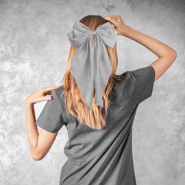 Wmbzxh Pufandor Hair Bow Silky Satin Hair Ribbons for Women, Gray Bows for Girls Hair Bowknot Barrettes Long Tails with Clips Big Hair Bows Hair Accessories (Gray 1pc)