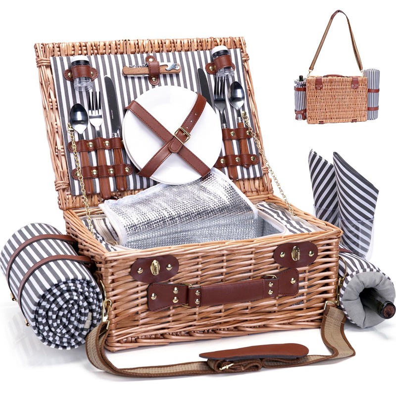 Picnic Basket with Blanket and Wine Pouch for 2 Wicker