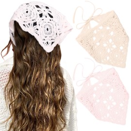 HAIMEIKANG Crochet Hair Bandanas for Women Knit Head Scarf Bandana Headband Scarf Tie-Back Floral Headscarf for Girls(White+Pink)