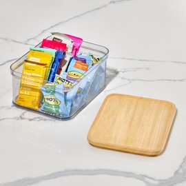 iDesign Recycled Plastic Crisp Storage Bin with Lid, The Rosanna Pansino Collection – 8.51” L x 8.51” W x 4.13” H, Clear Bin with Natural Wood Lid