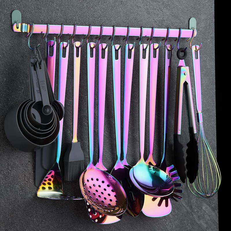 Kyraton Kitchen Utensil Rack, Kitchen Rack With Rainbow Titanium Plating,Rail