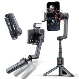 KOSCHEAL Estabilizador para Celular, Estabilizador 2 Ejes para Smartphone con Luz de Relleno y Trípode con Mando Inalámbrico Rotación Automática de 360°Modo de Escena,No App,para Vlog y TikTok