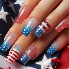 4th of July Press on Nails Medium Square Fake Nails with American Flag Designs Independence Day Nails Press ons Blue Pink Gradient False Nails Full Cover Stick on Nails for Women 24 Pcs