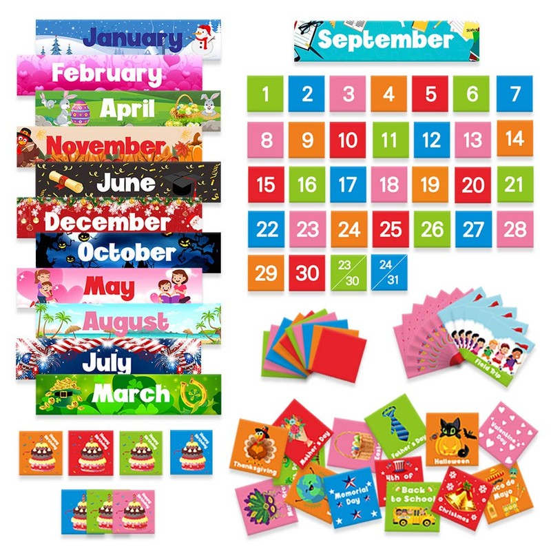 Large Classroom Calendar Pocket Chart with 88 Colorful cards-Durable Nylon