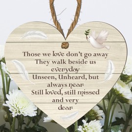 Memorial Plaque - Heart-Shaped Wooden Hanging Plaque - "Those We Love Don't Go Away" - Remembrance Gift with Dove & Feathers Design (Beige)