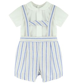 Creaciones Baby-Ferr Baby Boys' Summer Striped Romper Set, Short Sleeve with Peter Pan Collar (Linen, 12M)