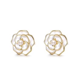 Cute Camellia Flower Stud Earrings for Women Cartilage 925 Sterling Silver Faux Pearl Enamel Floral Hypoallergenic Sleeper 18K Golden Plated Studs Earring Fashion Jewelry Gifts Birthday Christmas