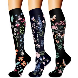 Calcetines de compresión para mujeres y hombres (3 pares), el mejor apoyo para enfermeras, correr, senderismo, recuperación y vuelo, 01b Black Flower 3 Pairs, Small-Medium