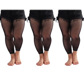 Phedrew Women's Plus Size Fishnet Stockings 3 Pairs High Waist Stretchy Footless Tights