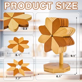 Wooden Trivets for Hot Dishes 5 Trivets + 1 Stand Windmill Shape Natural Foldable Kitchen Wooden Trivet for Hot Dishes Pot Bowl Teapot Hot Pot Holder