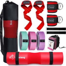 Wiexiang 11Pcs Barbell Pad Set for Squat, 1Hip thrust pad, 2 Lifting Straps, 3 resistance bands, 2 Ankle Strap For Cable Machine, 2 Squat Pad Safety Straps and Carry Bag, Gym equipment…