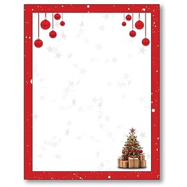 Red Bulbs & Christmas Tree Stationery Paper - 80 Sheets of Letterhead for Winter & Holiday Events