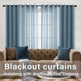 Grey Stone Blue Grommet Sheer Curtains for Living Room Geometric Diamond Embroidered Trellis Quatrefoil Patterned Vintage Country Slate Dusty Blue Gray Curtains for Bedroom Dining Room 84 Inches Long