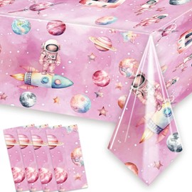 4 Pieces Outer Space Girls Birthday Table Cloth 54'' x 108'' Pink Space Table Covers for Astronauts Theme Girls Baby Shower 1st 2nd 3rd 4th 5th Birthday Party Table Supplies Decorations Favors