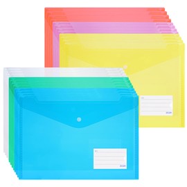 ZCZN Button Clear File Bag A4 Envelope File A4 Clear Color 6 Colors Set of 24 Horizontal File with Tag Pocket