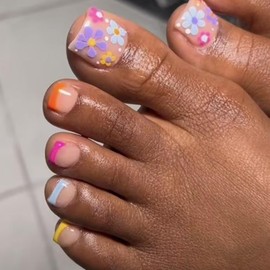 24PCS French Tip Press on Toenails Summer Toe Press on Nails Short Square Fake Toenails Colorful French Tip Toenails Colored Flower Pattern Acrylic Full Cover False Toe Nails Glue on Nails for Women