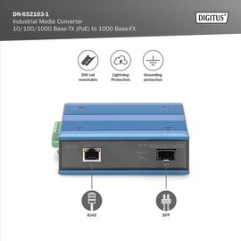 DIGITUS Industrial Gigabit Media Converter - 1 RJ45 Port, 1 SFP Port - 10/100/1000 Mbps - DIN Rail Mounting - IP40 Protection Class - Black, Blue