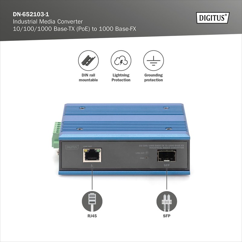 DIGITUS Industrial Gigabit Media Converter - 1 RJ45 Port, 1