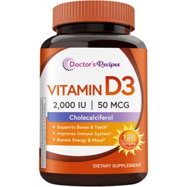 Doctor's Recipes Vitamin D3 2000 IU, Cholecalciferol, 120 Softgels, Vegan, Non-GMO, Bones, Calcium Absorption, Immune Health, Energy & Mood Support