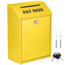 Yaocom Safe Cash Box Money Collection Metal Donation Box with Lock Wall Mount Pre Drilled Mailbox Delivery Ballot for Home Office Outdoor Self Serve Stand(Yellow,11.8 x 8.6 x 4.7 Inch)