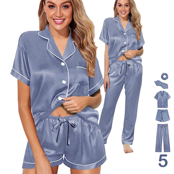 WJing Yi Jia - Conjunto de pijama de satén de seda para mujer, conjunto de pijama corto con botones, Azul (Dusty Blue), M