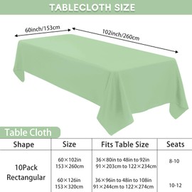 10 Pack Sage Green Tablecloth 60x102 inch Polyester Fabric Tablecloths for 6 Foot Rectangle Tables Wrinkle Resistant Linen Tablecloth Washable Table Covers for Party Wedding Events and Camping