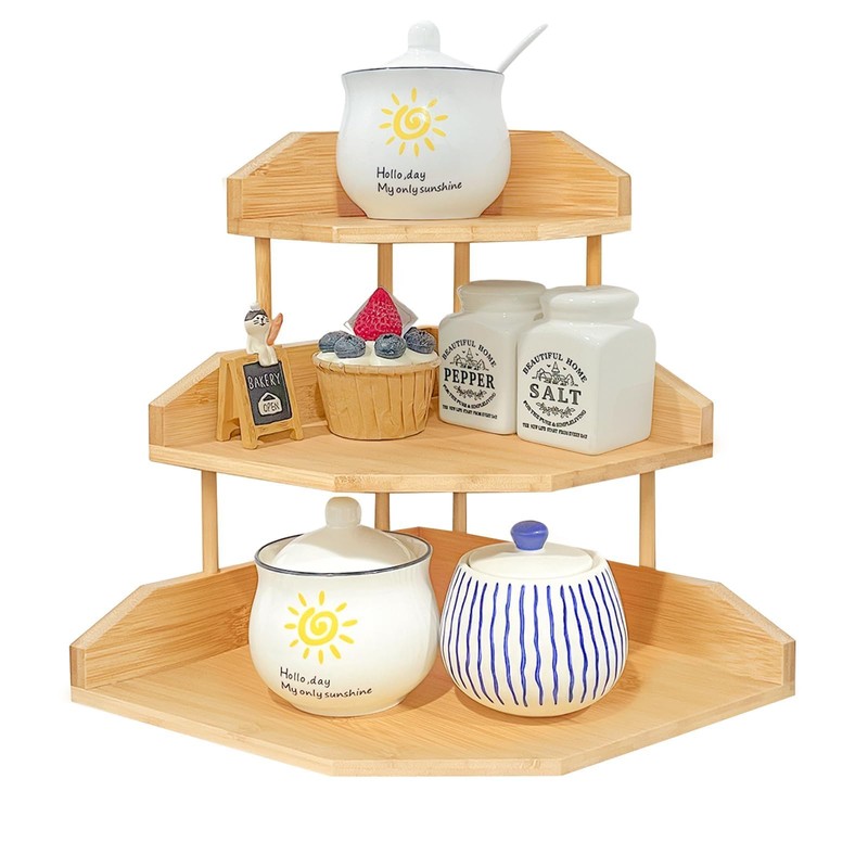 HYNAWIN Bamboo Corner Desk Organizer Shelf, 3-Tier Triangle Storage Rack