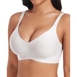 JURDUIR Seamless Bras for Women Wireless No Underwire Comfort Push Up Bra Adjustable Plunge V Neck Bralettes with Bra Extender(White,L)