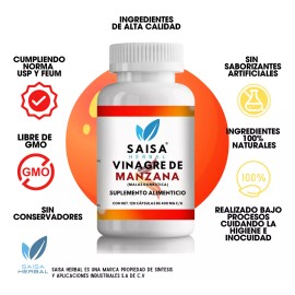Saisa Herbal Vinagre De Manzana Orgánico 120 Cápsulas 100 % Puro Premium Sabor Sin sabor