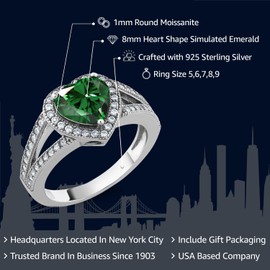 Gem Stone King 1.51 Cttw Green Nano Emerald and White Moissanite Ring For Women | 925 Sterling Silver | Gemstone May Birthstone | Heart Shape 8MM | Available In Size 5,6,7,8,9