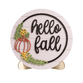 pechpell 3D Hello Fall Sign, Wooden Autumn Pumpkin Harvest Round Decorative Signage Plaques Decor, Indoor Table Centerpiece Shelf Mantel Desk Thanksgiving Rustic Farmhouse Decorations for Home Office