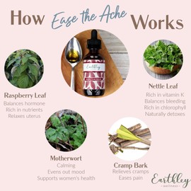 Earthley Wellness Ease The Ache, Natural Hormone Support for Cramps, Bloating, Mood Swings, and Postpartum Discomfort, Cramp Bark, Red Raspberry Leaf, Motherwort, Nettle (1oz)